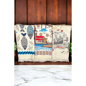 Cnr Garden 3'lü Saçaklı Pamuklu 40X60 cm %100 Pamuk Baskılı Havlu Seti El Yüz Mutfak Havlusu Yumuşak Desenli Su Emici Set