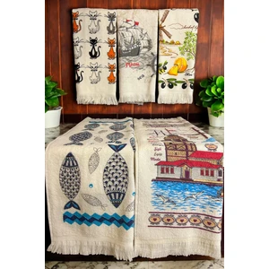 Cnr Garden 5'li Saçaklı Pamuklu 40X60 cm %100 Pamuk Baskılı Havlu Seti El Yüz Mutfak Havlusu Yumuşak Desenli Su Emici Set