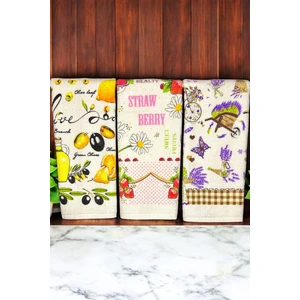 Cnr Garden 3'lü Pamuklu Baskılı Havlu Seti 30X50 cm El Yüz Mutfak Havlusu Yumuşak Desenli Su Emici Set