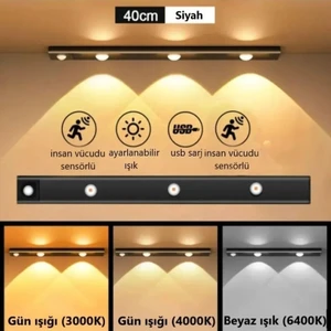 40Cm 3Renk Şarjlı Hareket Sensörlü 60Cm Led Işık Tezgah Altı Led Koridor Merdiven Oto Bagaj Ledi 1 Adet
