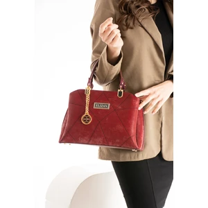 Nakışlı 3 Bölmeli Bordo Nubuk Deri Kadın Çantası