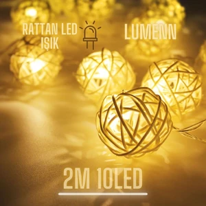 Rattan LED Top Işık Doğal Kaliteli  2 Metre 10 Adet Örgü Işık Topu-Şeffaf Kablolu Pilli Gün Işığı
