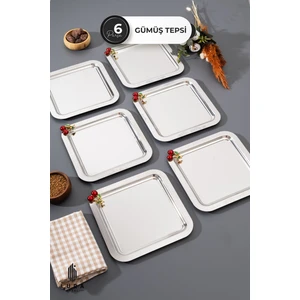 6 Adet Kiraz Krom Gümüş Kahve Sunum Tepsisi - 22 Cm Zarif Ve Şık Tasarım