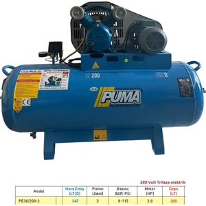 200 Lt Hava Kompresörü 2 Hp 2 Piston Döküm Kafa Yağlı