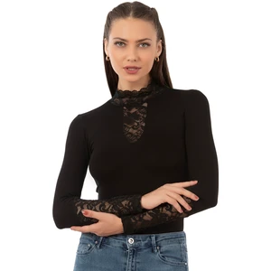 Özkan Underwear Özkan 26860 Kadın Viskon Esnek Yumuşak Yakası ve Kolları Dantel Detaylı Dik Yaka Uzun Kollu Kancalı Çıtçıtlı Örme Body