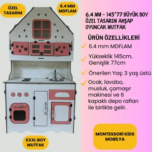 Bahadır Grup Özel Tasarım Büyük Boy Ahşap Oyuncak Mutfak Pembe-Beyaz