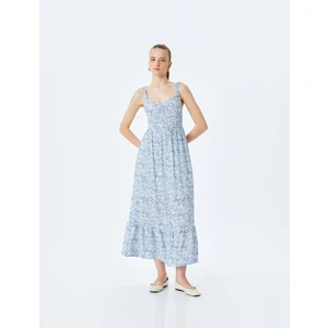 Kolsuz Gipeli U Yaka Katlı Viskon Çiçekli Uzun Elbise