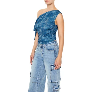 Denim Desenli Tek Omuzlu Bluz