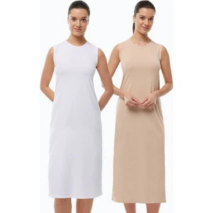 Kadın Beyaz Ten Rengi 2 Li Set Uzun Kolsuz Elbise Astarı Modal Kombinezon 2M1049