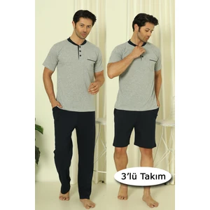 Erkek Kısa Kollu Yaka Düğmeli ve Cepli 3'lü Pijama Takım 2387