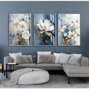 Harikabirev|gri-Mavi Soft Çiçek Kombini |çerçeveli Cam Tablo  3lü Dikey