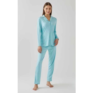 Kadın Uzun Kol Önden Düğmeli  Düz Renk %100 Pamuk Pijama Takımı