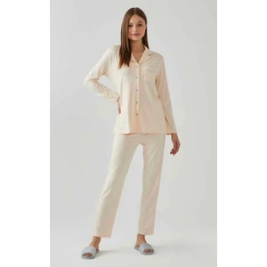 Kadın Uzun Kol Önden Düğmeli  Düz Renk %100 Pamuk Pijama Takımı