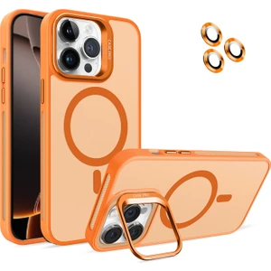 Caseworld Apple iPhone 16 Pro Lens Hediyeli Kapak Kamera Korumalı Wireless Şarj Özellikli Standlı Premium Kılıf - Turuncu