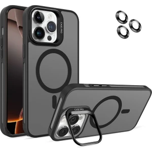 Caseworld Apple iPhone 16 Pro Lens Hediyeli Kapak Kamera Korumalı Wireless Şarj Özellikli Standlı Premium Kılıf - Siyah