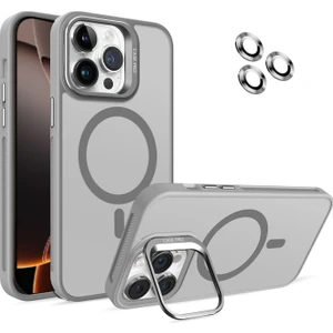 Caseworld Apple iPhone 16 Pro Lens Hediyeli Kapak Kamera Korumalı Wireless Şarj Özellikli Standlı Premium Kılıf - Gri