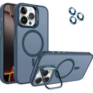 Caseworld Apple iPhone 16 Pro Lens Hediyeli Kapak Kamera Korumalı Wireless Şarj Özellikli Standlı Premium Kılıf - Lacivert