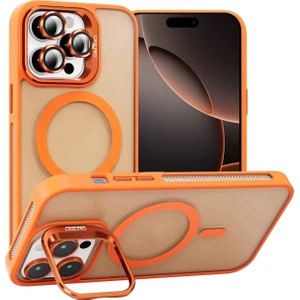 Caseworld Apple iPhone 16 Pro Max Lens Hediyeli Kapak Kamera Korumalı Wireless Şarj Özellikli Standlı Premium Kılıf - Turuncu
