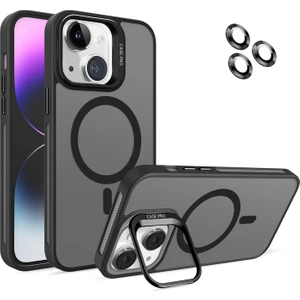 Caseart Apple iPhone 14 Lens Hediyeli Kapak Kamera Korumalı Wireless Şarj Özellikli Standlı Premium Kılıf - Siyah