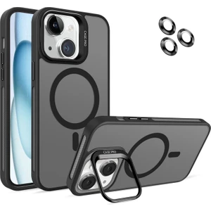 Caseart Apple iPhone 15 Lens Hediyeli Kapak Kamera Korumalı Wireless Şarj Özellikli Standlı Premium Kılıf - Siyah