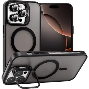 Caseart Apple iPhone 16 Pro Max Lens Hediyeli Kapak Kamera Korumalı Wireless Şarj Özellikli Standlı Premium Kılıf - Siyah