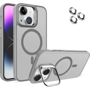 Caseart Apple iPhone 14 Lens Hediyeli Kapak Kamera Korumalı Wireless Şarj Özellikli Standlı Premium Kılıf - Gri