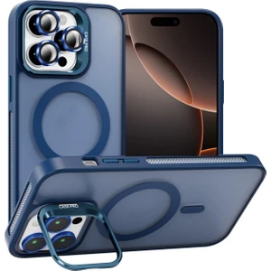 Caseart Apple iPhone 16 Pro Max Lens Hediyeli Kapak Kamera Korumalı Wireless Şarj Özellikli Standlı Premium Kılıf - Lacivert