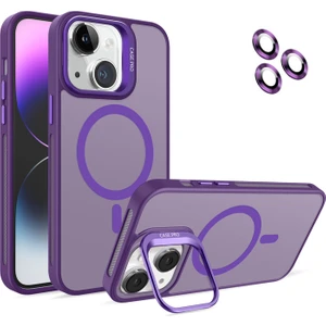 Caseart Apple iPhone 14 Lens Hediyeli Kapak Kamera Korumalı Wireless Şarj Özellikli Standlı Premium Kılıf -  Mor
