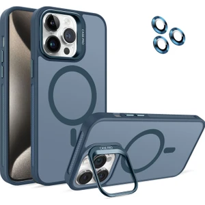 Caseart Apple iPhone 15 Pro Max Lens Hediyeli Kapak Kamera Korumalı Wireless Şarj Özellikli Standlı Premium Kılıf - Lacivert