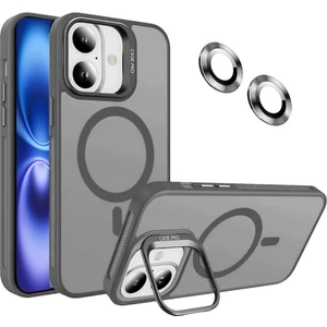 Caseart Apple iPhone 16 Lens Hediyeli Kapak Kamera Korumalı Wireless Şarj Özellikli Standlı Premium Kılıf - Gri