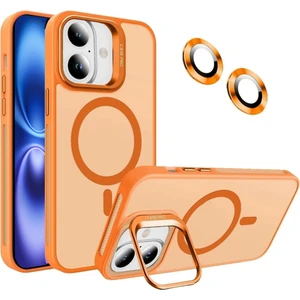 Caseart Apple iPhone 16 Lens Hediyeli Kapak Kamera Korumalı Wireless Şarj Özellikli Standlı Premium Kılıf - Turuncu