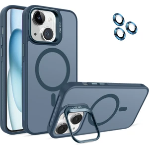 Caseart Apple iPhone 15 Lens Hediyeli Kapak Kamera Korumalı Wireless Şarj Özellikli Standlı Premium Kılıf - Lacivert