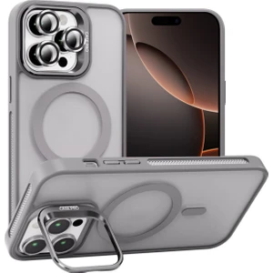 Caseart Apple iPhone 16 Pro Max Lens Hediyeli Kapak Kamera Korumalı Wireless Şarj Özellikli Standlı Premium Kılıf - Gri