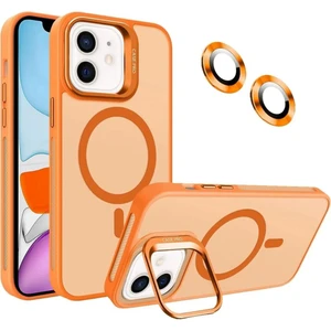 Caseart Apple iPhone 11 Lens Hediyeli Kapak Kamera Korumalı Wireless Şarj Özellikli Standlı Premium Kılıf - Turuncu