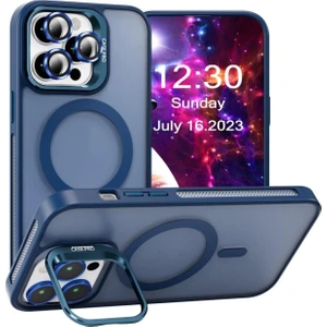 Caseart Apple iPhone 15 Pro Lens Hediyeli Kapak Kamera Korumalı Wireless Şarj Özellikli Standlı Premium Kılıf - Lacivert