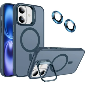 Caseart Apple iPhone 16 Lens Hediyeli Kapak Kamera Korumalı Wireless Şarj Özellikli Standlı Premium Kılıf - Lacivert