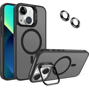 Caseart Apple iPhone 13 Lens Hediyeli Kapak Kamera Korumalı Wireless Şarj Özellikli Standlı Premium Kılıf - Siyah