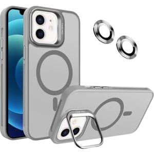 Caseart Apple iPhone 12 Lens Hediyeli Kapak Kamera Korumalı Wireless Şarj Özellikli Standlı Premium Kılıf - Gri
