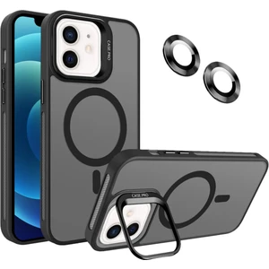 Caseart Apple iPhone 12 Lens Hediyeli Kapak Kamera Korumalı Wireless Şarj Özellikli Standlı Premium Kılıf - Siyah