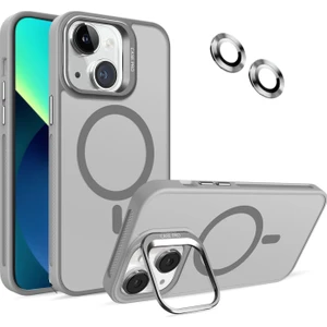 Caseart Apple iPhone 13 Lens Hediyeli Kapak Kamera Korumalı Wireless Şarj Özellikli Standlı Premium Kılıf - Gri