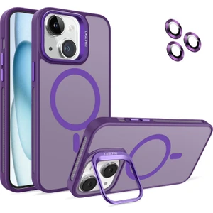 Caseart Apple iPhone 15 Lens Hediyeli Kapak Kamera Korumalı Wireless Şarj Özellikli Standlı Premium Kılıf -  Mor