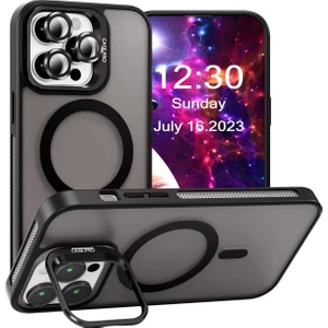 Caseart Apple iPhone 15 Pro Lens Hediyeli Kapak Kamera Korumalı Wireless Şarj Özellikli Standlı Premium Kılıf - Siyah
