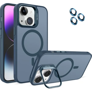 Caseart Apple iPhone 14 Lens Hediyeli Kapak Kamera Korumalı Wireless Şarj Özellikli Standlı Premium Kılıf - Lacivert