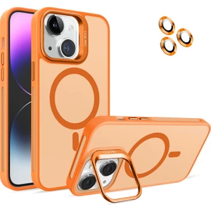 Caseart Apple iPhone 14 Lens Hediyeli Kapak Kamera Korumalı Wireless Şarj Özellikli Standlı Premium Kılıf - Turuncu