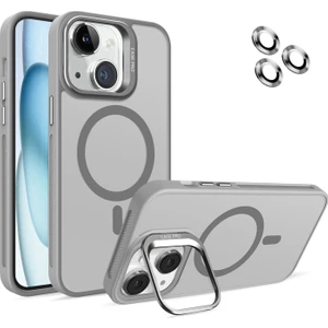 Caseart Apple iPhone 15 Lens Hediyeli Kapak Kamera Korumalı Wireless Şarj Özellikli Standlı Premium Kılıf - Gri