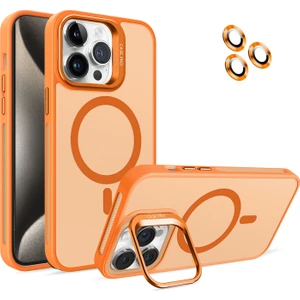 Caseart Apple iPhone 15 Pro Max Lens Hediyeli Kapak Kamera Korumalı Wireless Şarj Özellikli Standlı Premium Kılıf - Turuncu