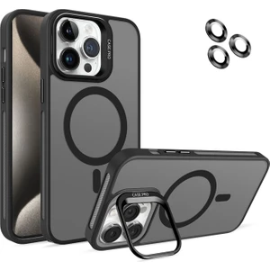 Caseart Apple iPhone 15 Pro Max Lens Hediyeli Kapak Kamera Korumalı Wireless Şarj Özellikli Standlı Premium Kılıf - Siyah
