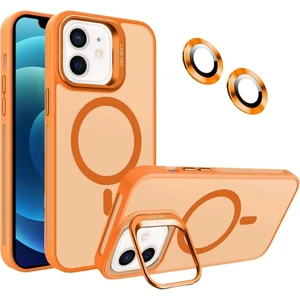 Caseart Apple iPhone 12 Lens Hediyeli Kapak Kamera Korumalı Wireless Şarj Özellikli Standlı Premium Kılıf - Turuncu