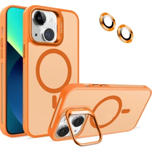 Caseart Apple iPhone 13 Lens Hediyeli Kapak Kamera Korumalı Wireless Şarj Özellikli Standlı Premium Kılıf - Turuncu