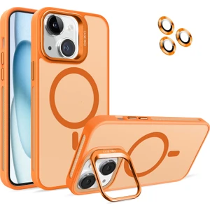 Caseart Apple iPhone 15 Lens Hediyeli Kapak Kamera Korumalı Wireless Şarj Özellikli Standlı Premium Kılıf - Turuncu